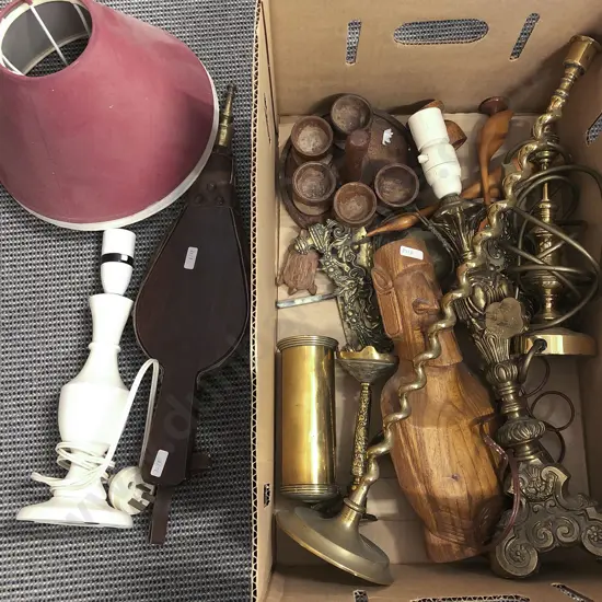 Box of Assorted Including Bellows Brass Lamps and Candle Stick Etc