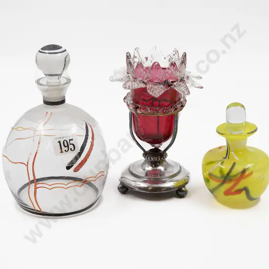 Two Small Art Glass Decanters Together with Decorative Cranberry Glass Vase