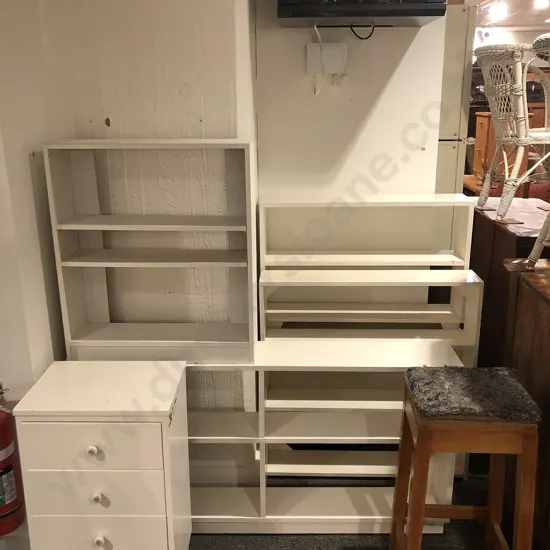 Five White Painted Open Bookcases Together With Bedside Drawers and Side Chair and Stool