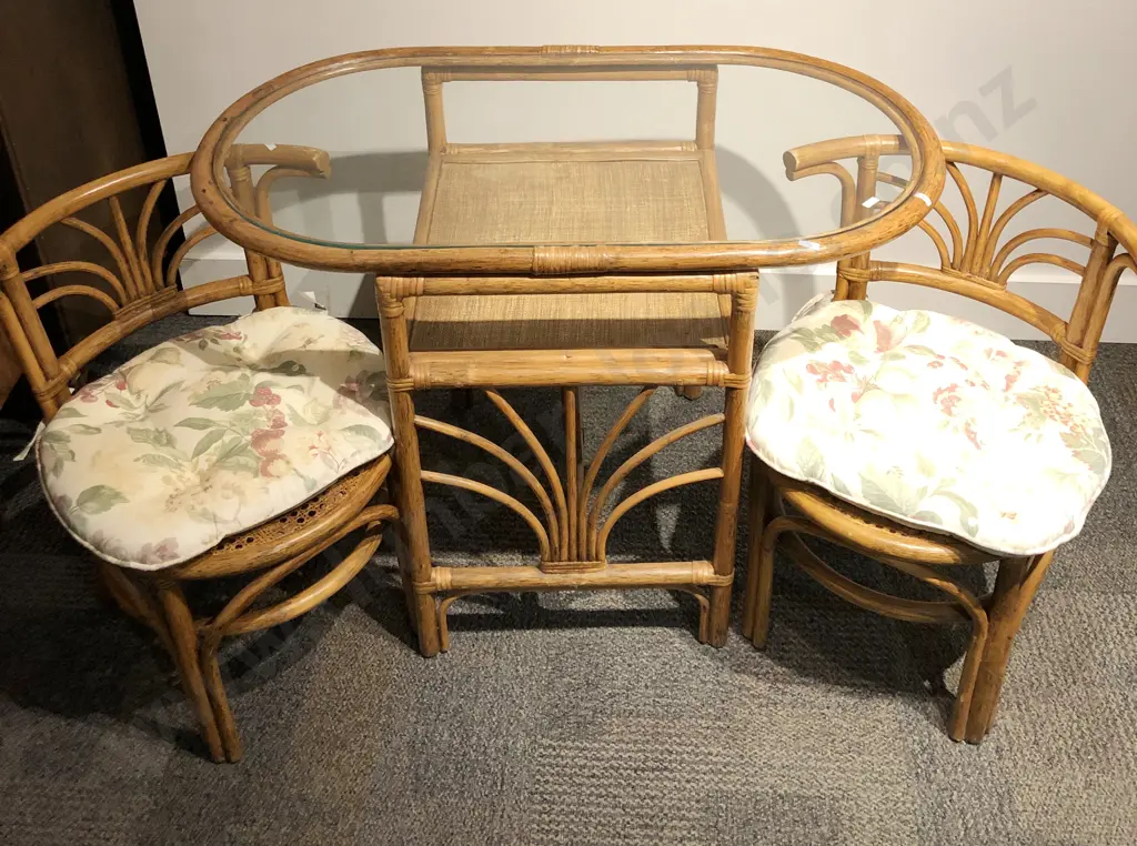Cane Oval Glass Top Table with Two matching Chairs Image 1++