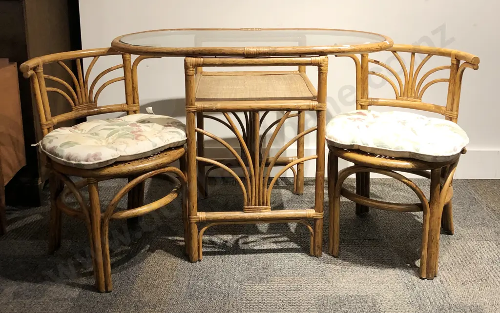 Cane Oval Glass Top Table with Two matching Chairs Image 1++