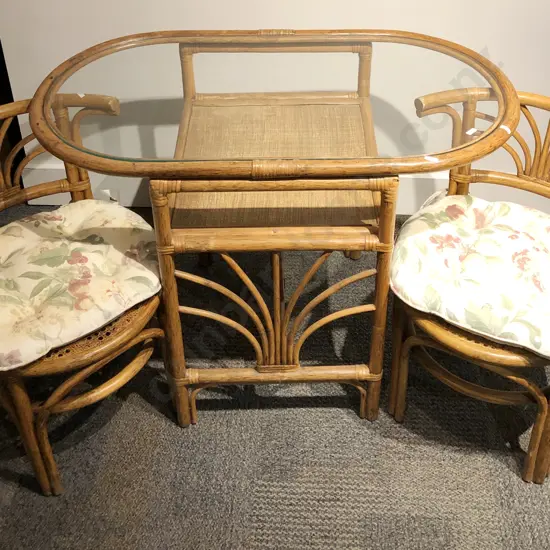 Cane Oval Glass Top Table with Two matching Chairs