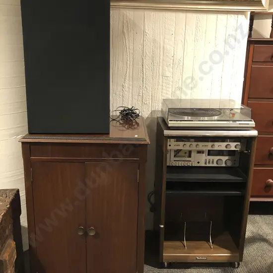 Technics Record Player and Amp with Two Speakers Together with Two Record Cabinets
