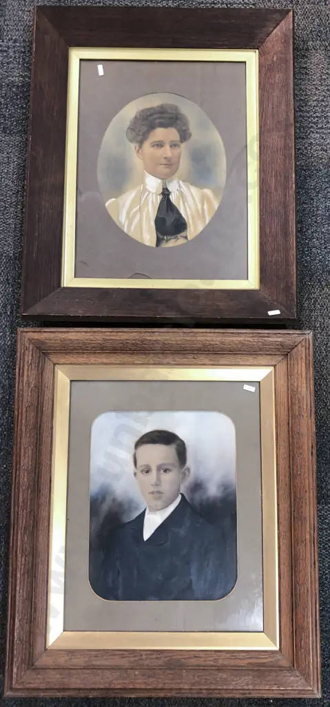 Two Oak Framed Colored Portraits (Crack to One Glass) Image 1++