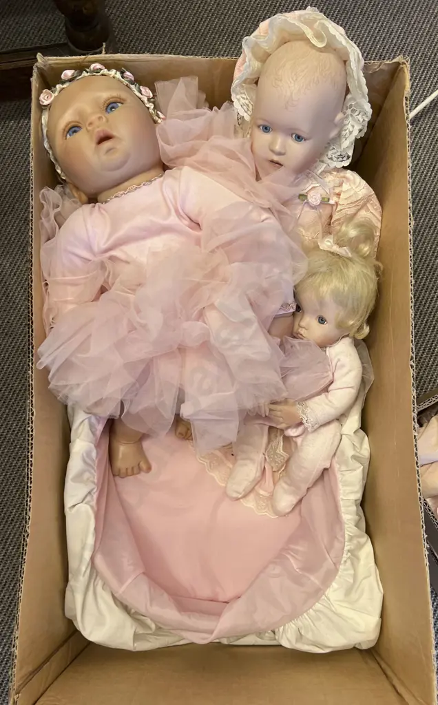 Two New Bisque Dolls with Cradle and Vinyl Character Doll Image 1++
