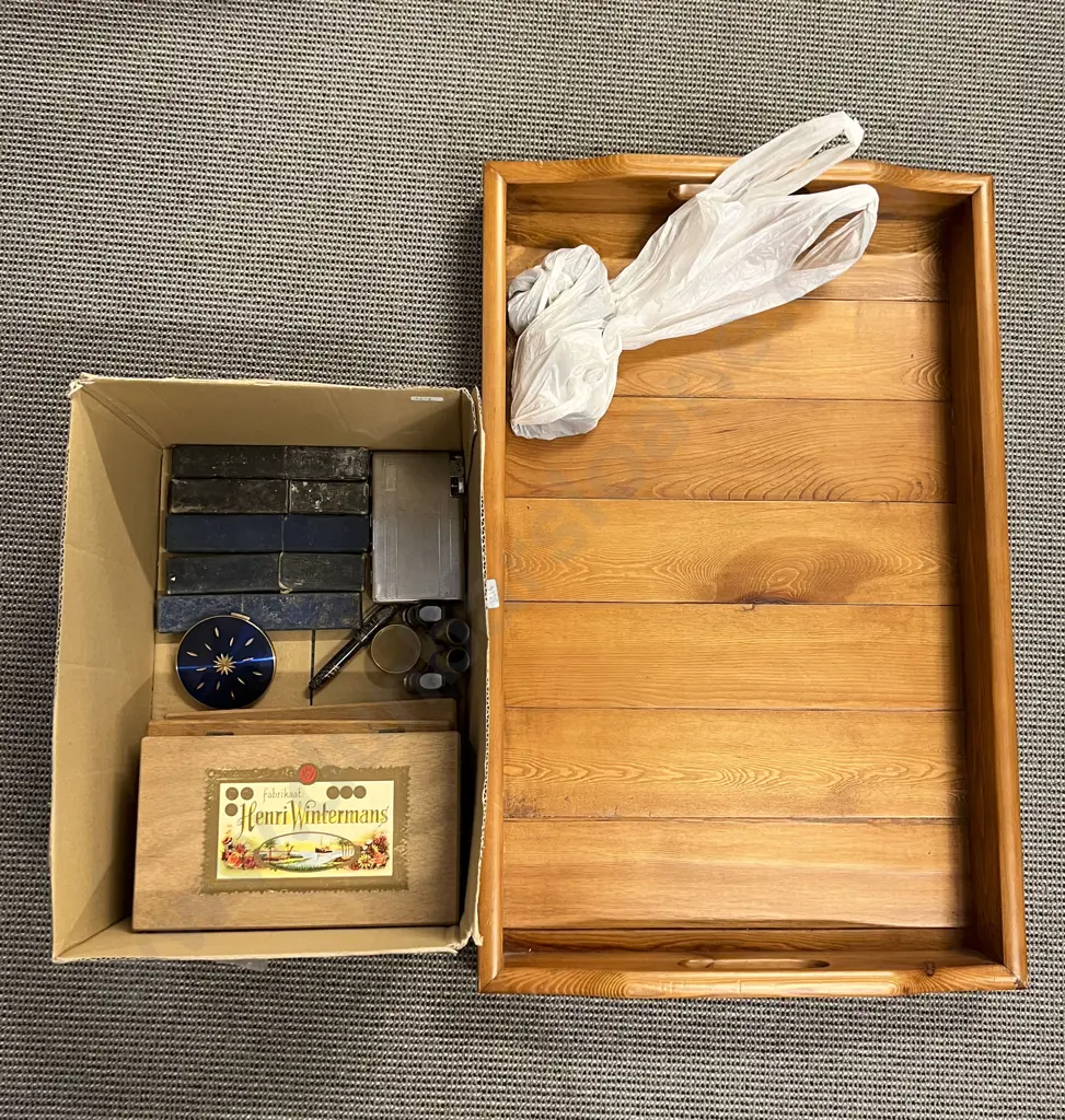 Box of Assorted Vintage Including Razors and Compact Together with Cigar Boxes on Wooden Tray Image 1++