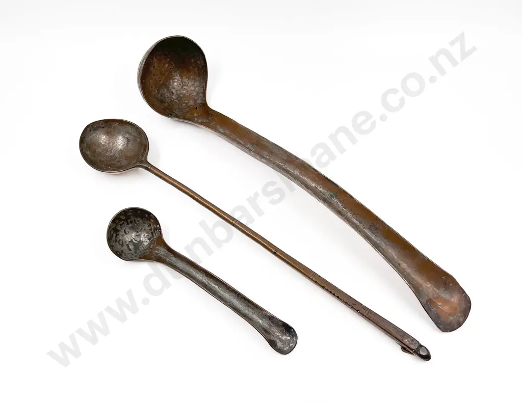 Two Copper Ladles Together With Large Copper Mixing Spoon Image 1++