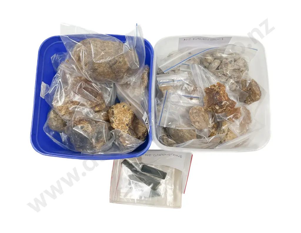 Two Boxes of Assorted Kauri Gum and Small Assortment of Greenstone Image 1++