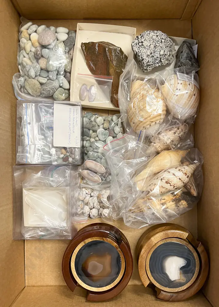 Box Quantity of Assorted Shells with Geological Samples and Mineral Coasters Image 1++