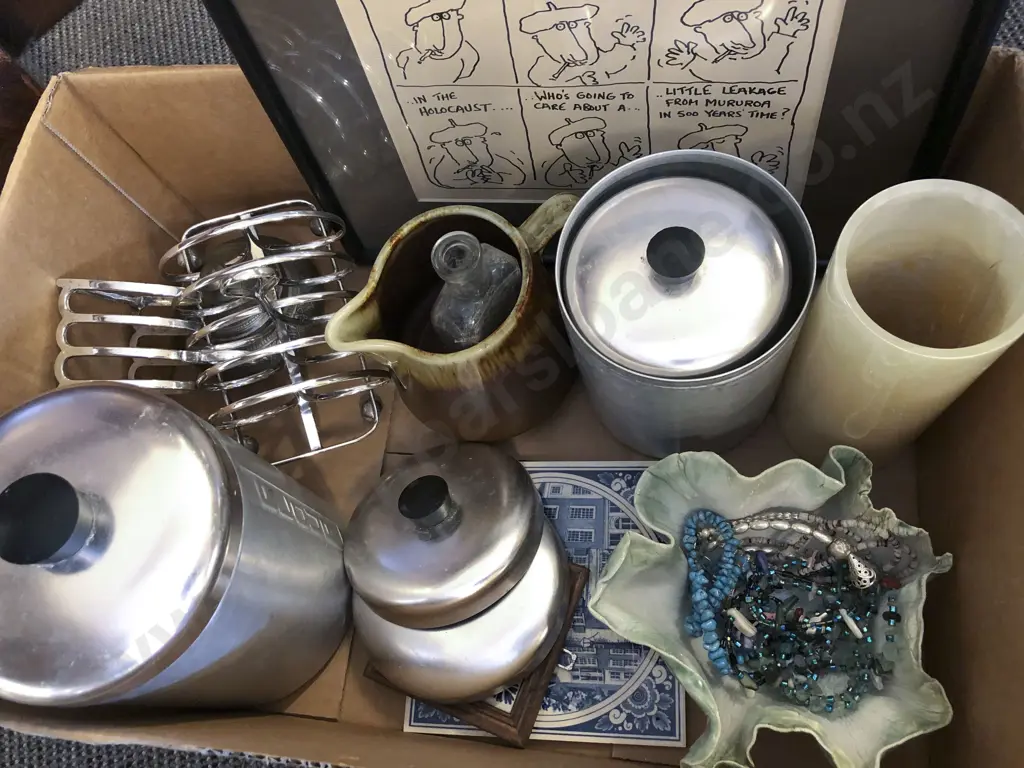 Box of Assorted Incl. Toast Racks with Framed Cartoon and Costume Jewelry Etc. Image 1++