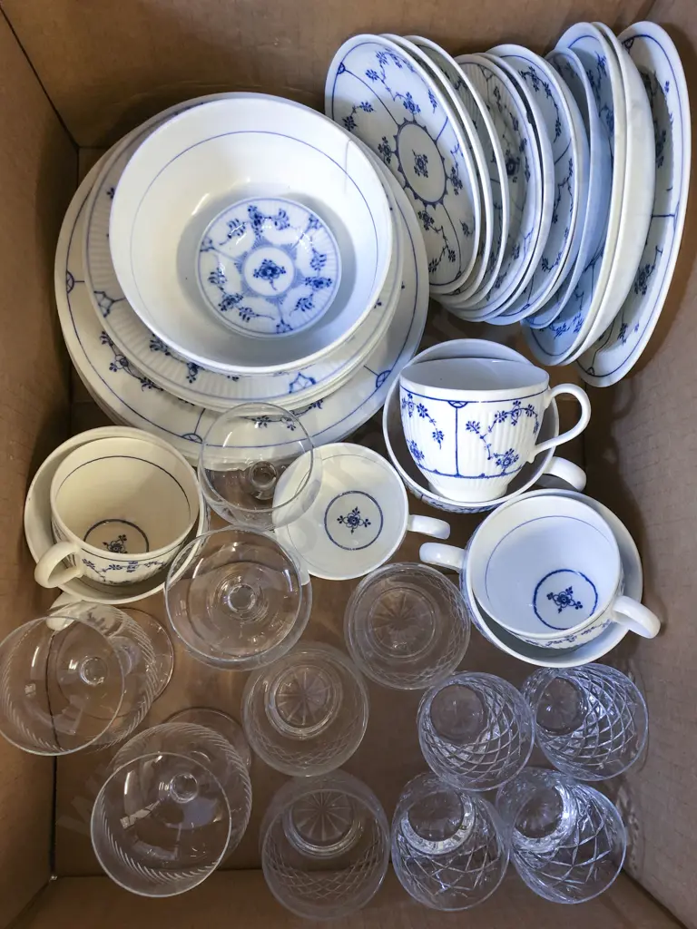 Box of Assorted Crystal and Glassware Together With Blue and White China Image 1++