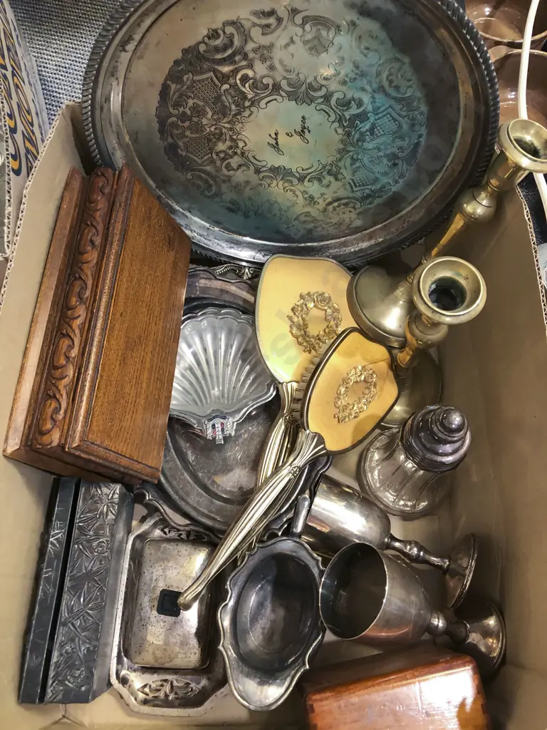 Box of Assorted Metalware Incl. Vanity Items and Candlesticks Etc. Image 1++
