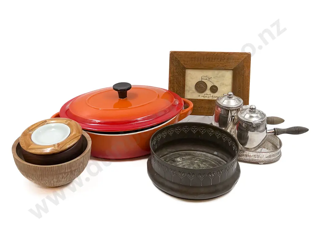 Quantity of Assorted Incl. Le Creuset Style Oven Dish Together With Copper Bowl and Assorted Woodware Etc. Image 1++