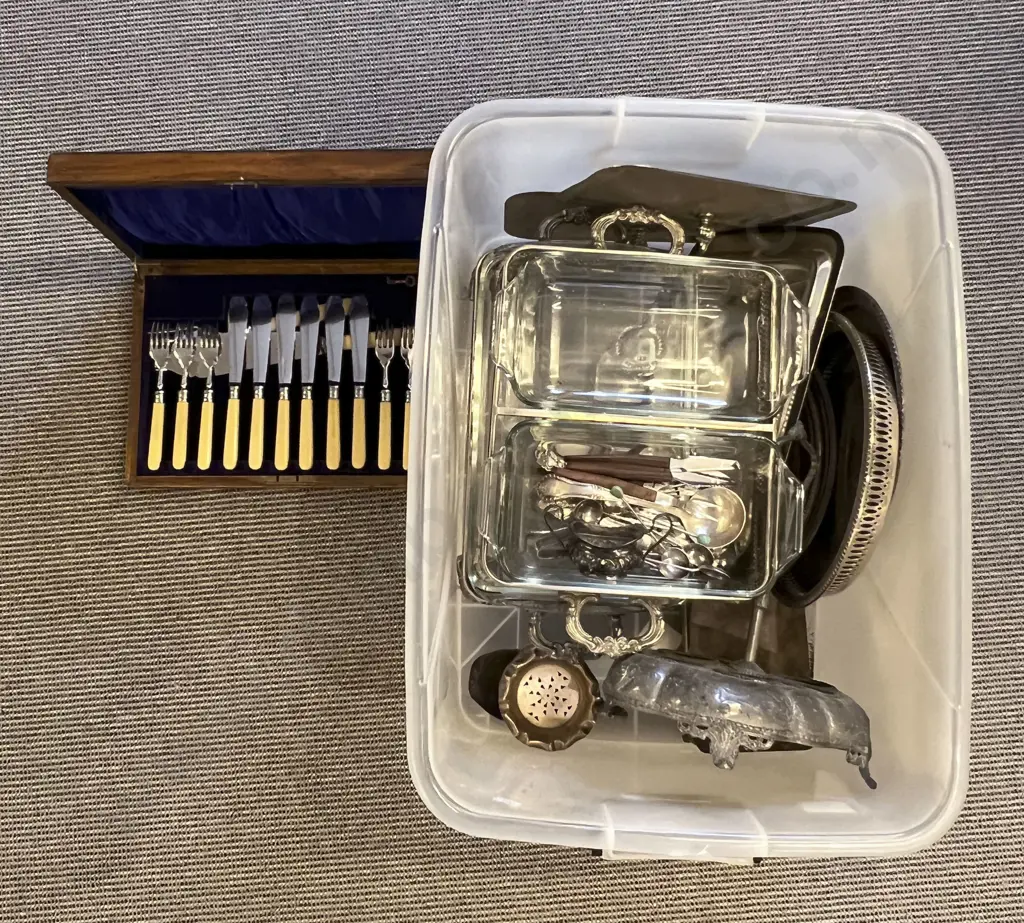 Box of Assorted S/P Incl. Serving Trays and Boxed Cutlery Etc. Image 1++
