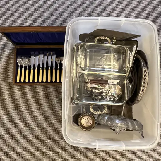 Box of Assorted S/P Incl. Serving Trays and Boxed Cutlery Etc.