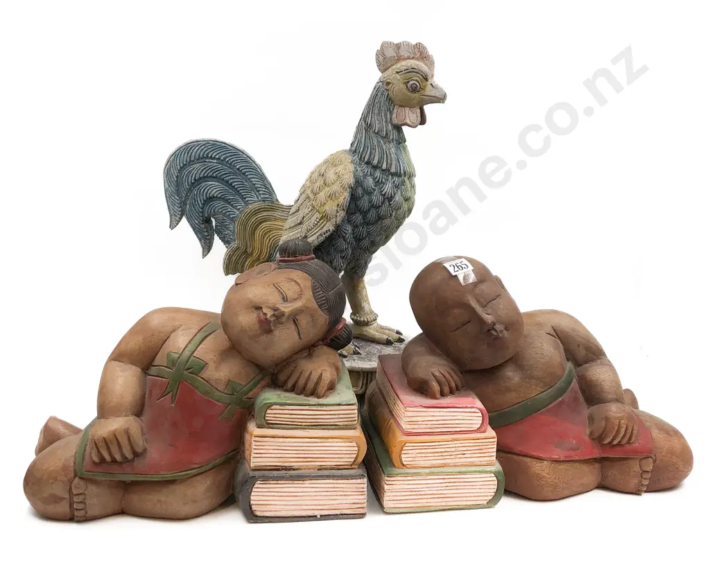 Pair of Carved Bookends Together With Rooster Ornament Image 1++