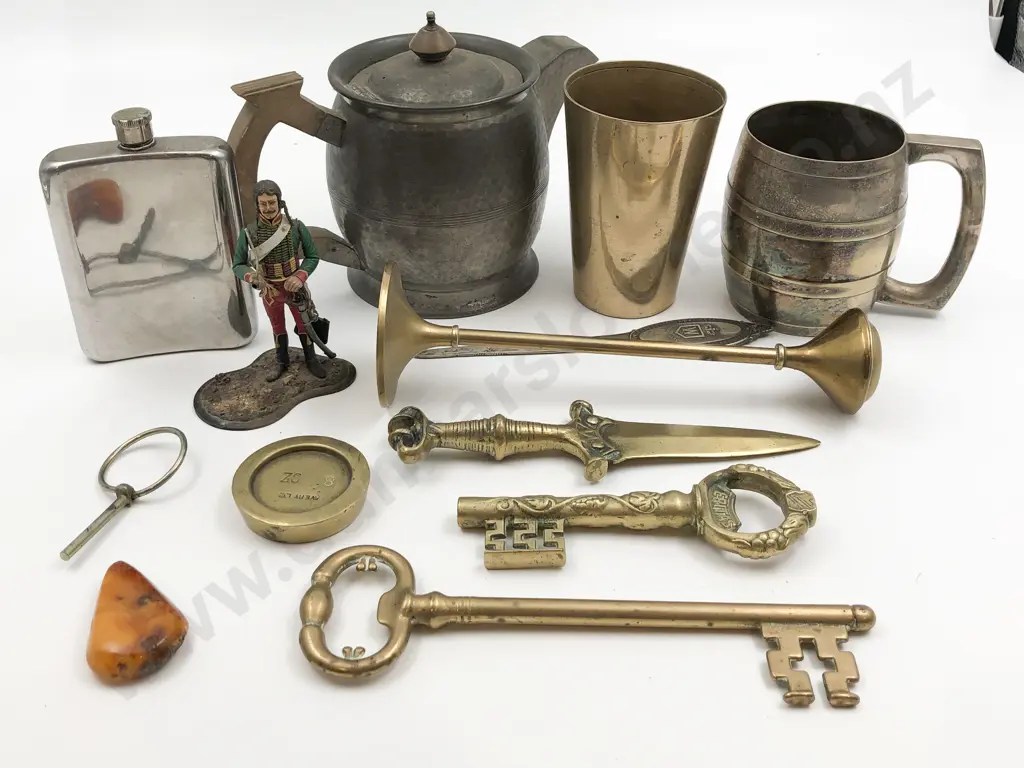Box of Assorted Metalware Incl. Brass Dagger and Novelty Keys Etc. Image 1++