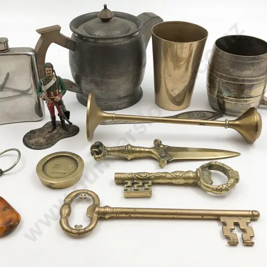 Box of Assorted Metalware Incl. Brass Dagger and Novelty Keys Etc.