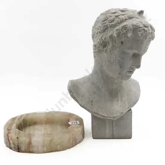 Grecian Style Plaster Bust Together With Alabaster Dish