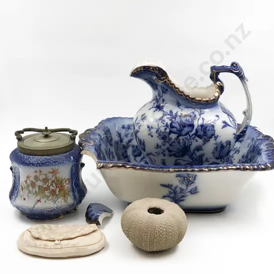 Blue and White Jug and Basin (Faults) Together With Assorted