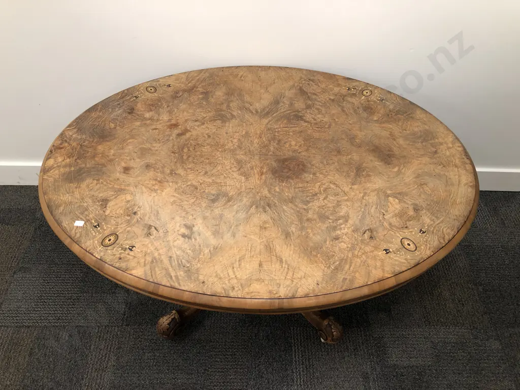 Victorian Marquetry and Inlaid Oval Loo Table Together With Harlequin Set of Five Balloon Backed Chairs Image 1++