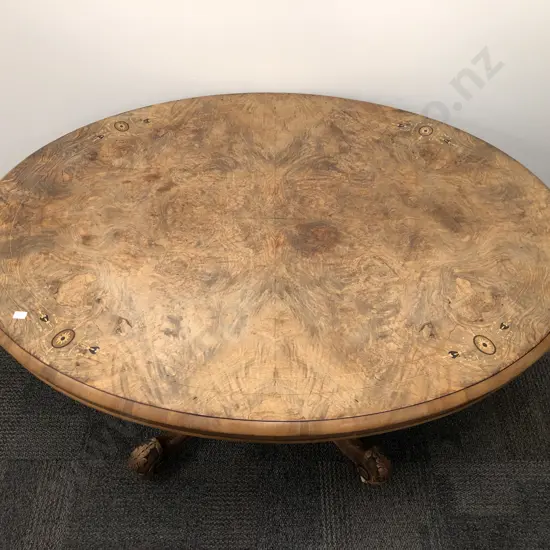 Victorian Marquetry and Inlaid Oval Loo Table Together With Harlequin Set of Five Balloon Backed Chairs