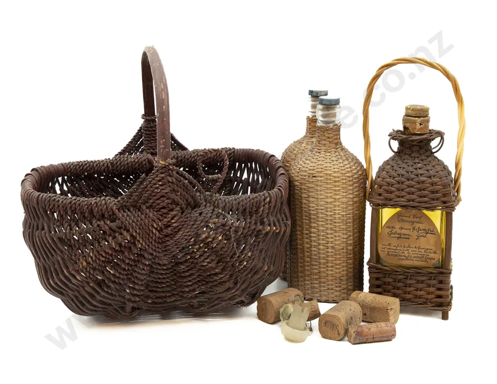 Wicker Basket with Three Bottles and Quantity of Corks Image 1++