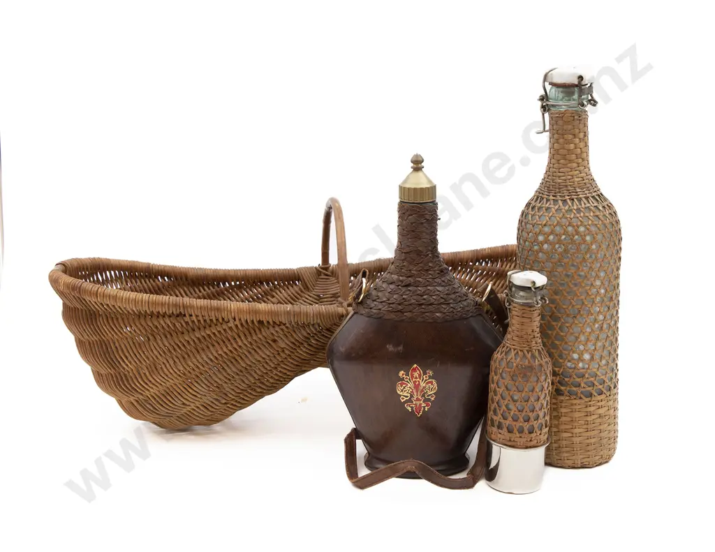 Wicker Basket and Three Wicker and Leather Bound Bottles Image 1++