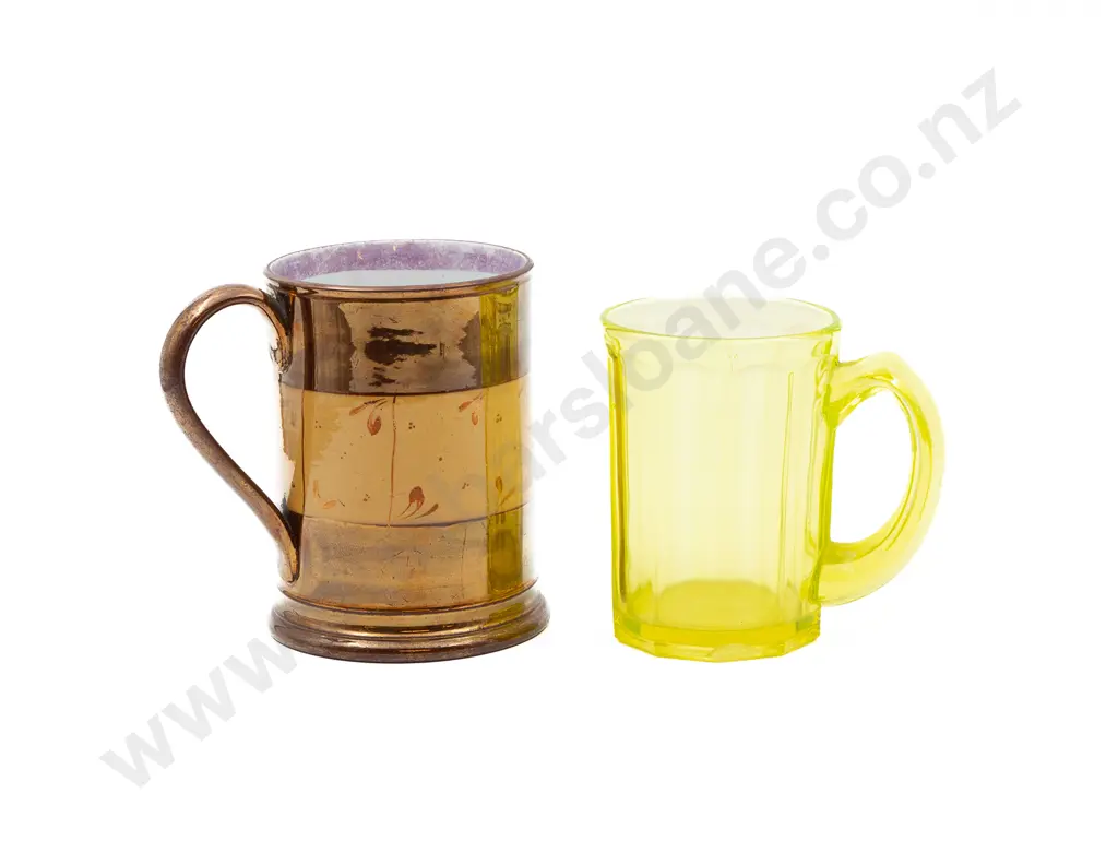 Large Victorian Copper Lustre Tankard and Green Glass Tankard Image 1++