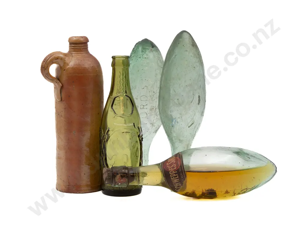 Three Vintage Glass Torpedo Bottles and Two Others Image 1++