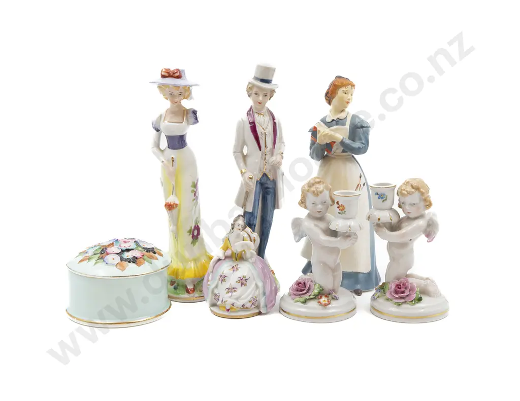 Four China Figures with Floral Box and Pair of Cherub Candlesticks Image 1++