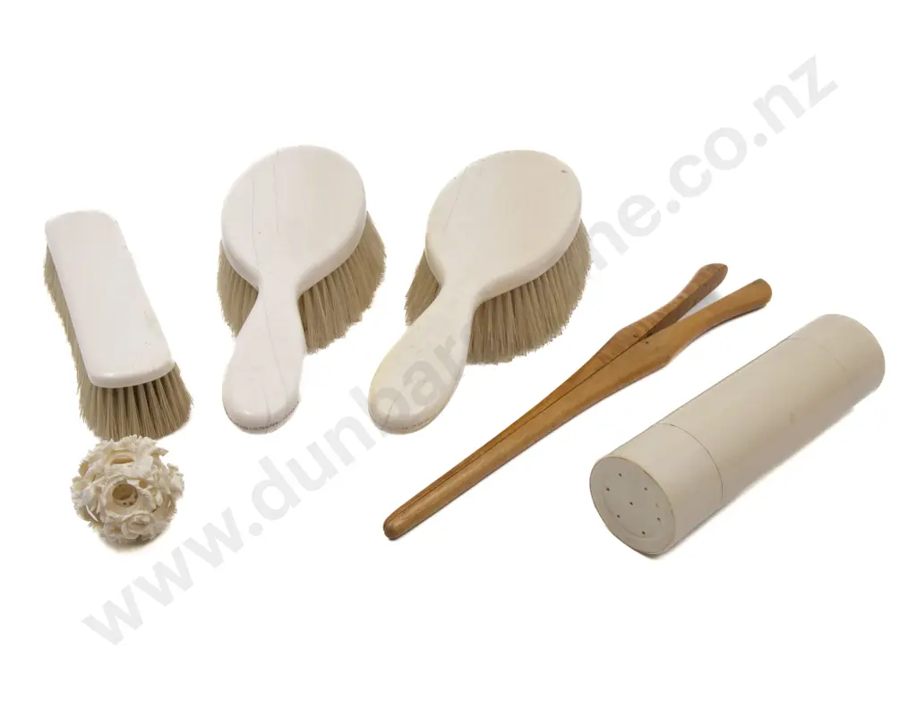 Three Ivory Backed Brushes with Puzzle Ball and Hatpin Holder with Collar Stiffeners etc Image 1++
