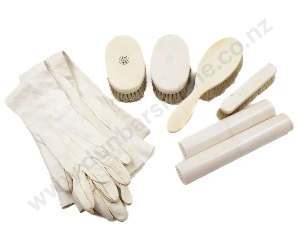 Four Ivory Backed Brushes and Two Ivory Hat Pin Holder and Two Pairs of Kid Gloves Image 1++