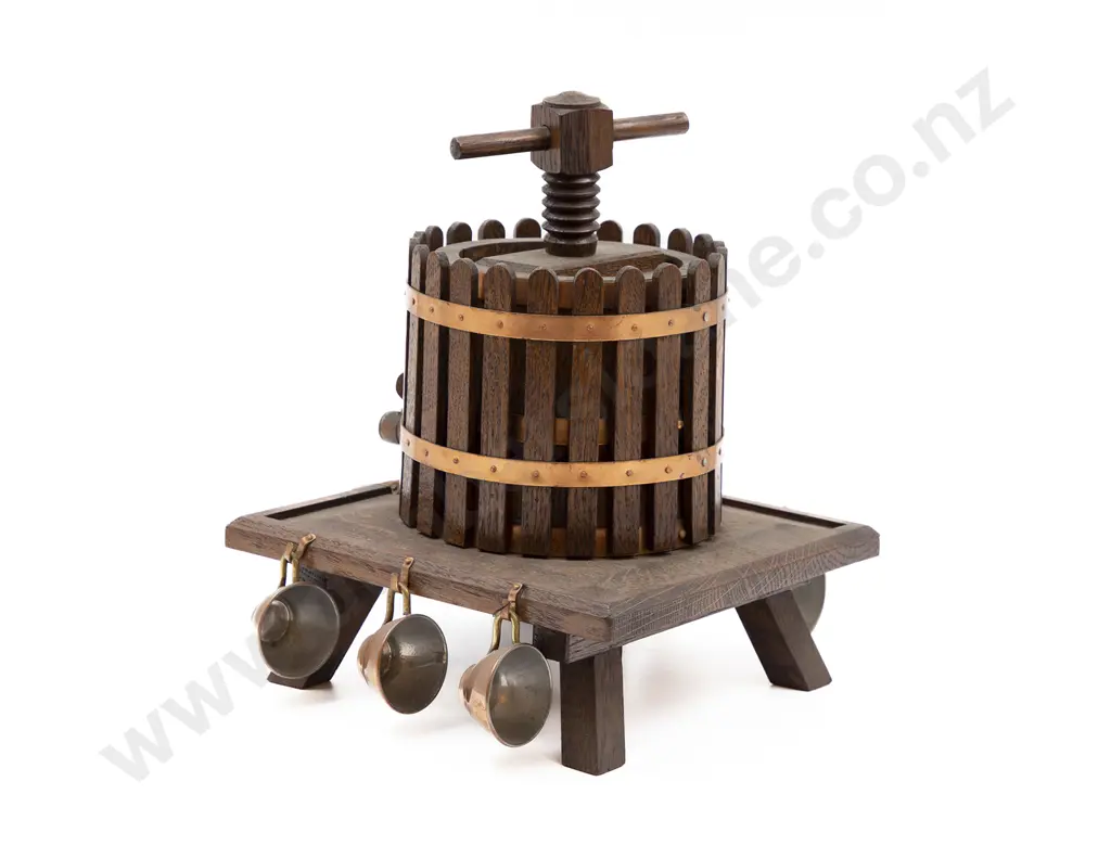 Small Wooden Model Wine Press with Six Copper Tasting Cups Image 1++