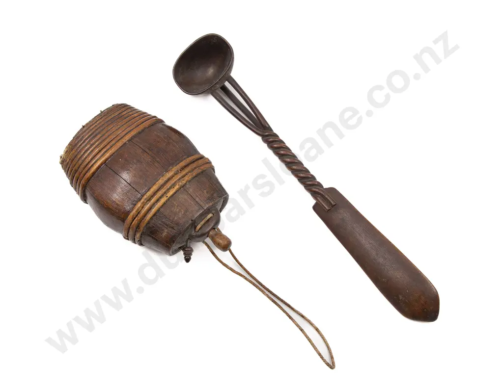 C19th Wooden Punch Ladle and Wicker Bound Oak Flask Image 1++