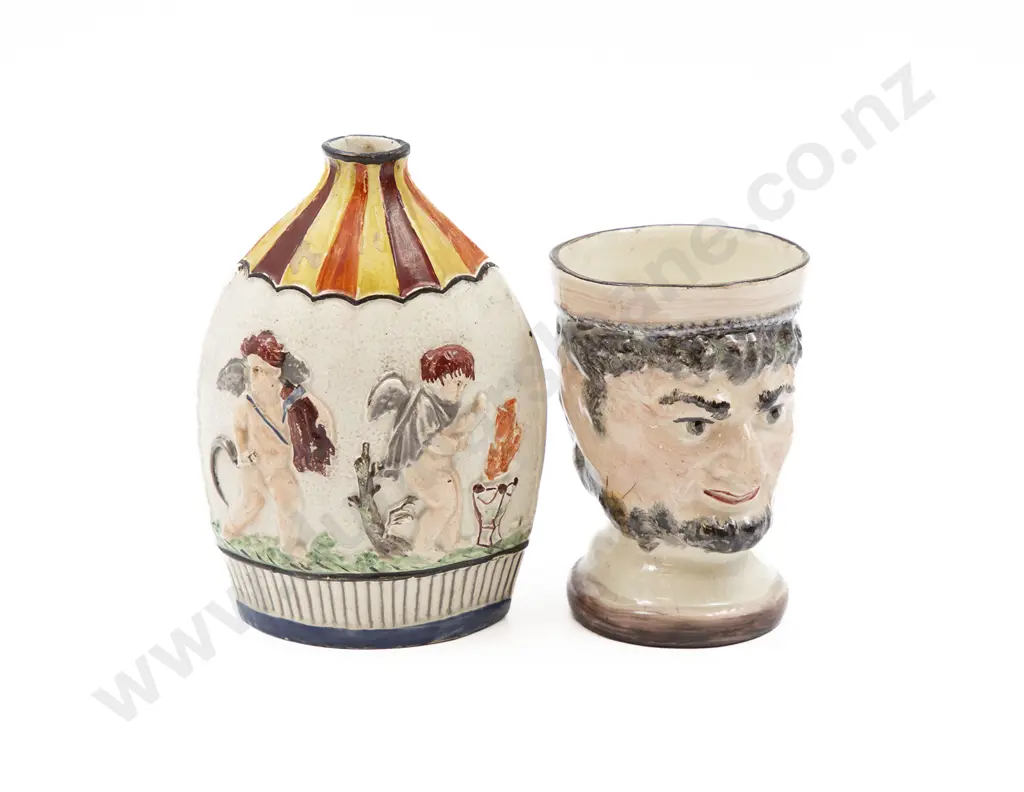 Small Cherub Decorated Flask and Mug (faults) Image 1++