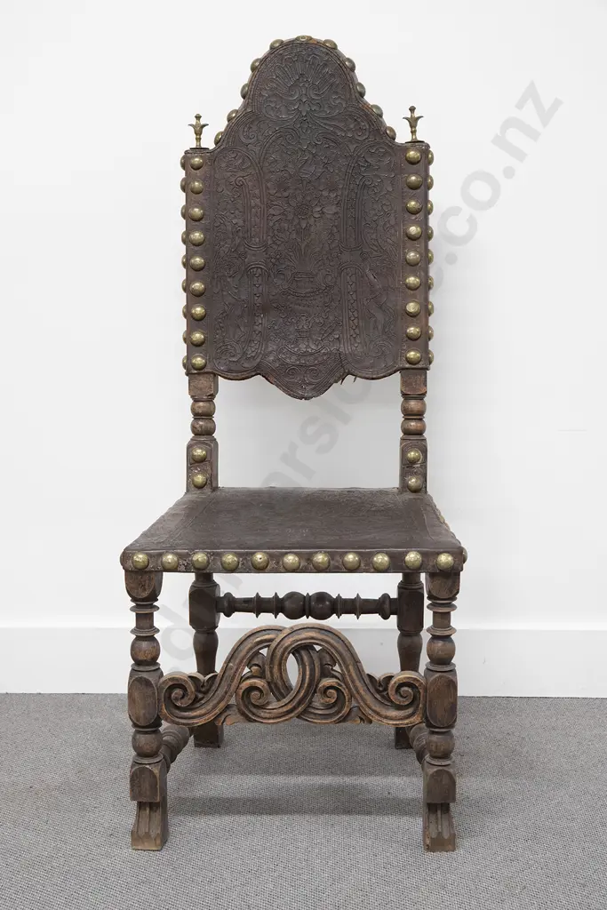 Elizabethan Style Leather and Brass Studded Hall Chair Image 1++
