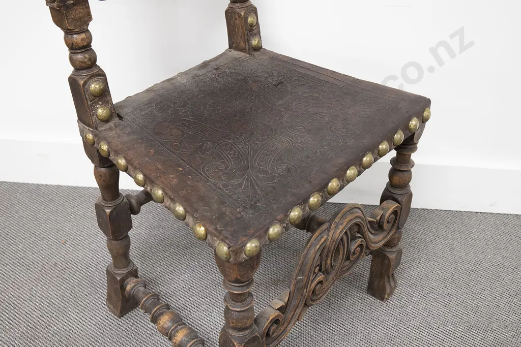 Elizabethan Style Leather and Brass Studded Hall Chair Image 1++