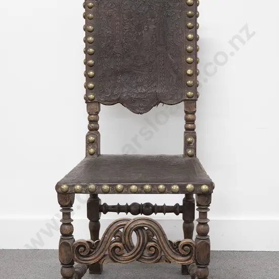 Elizabethan Style Leather and Brass Studded Hall Chair