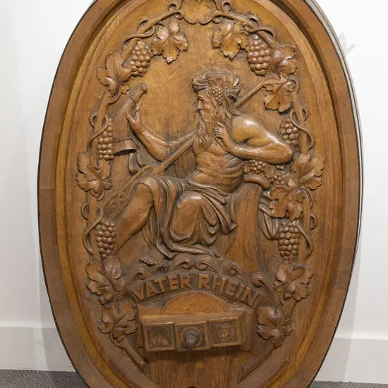 Large Carved Oak Oval Cask Head (Vater Rhein)