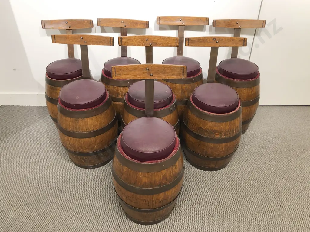 Large Oval Oak Barrel Based Banquet Table with Eight Barrel Chairs Image 1++