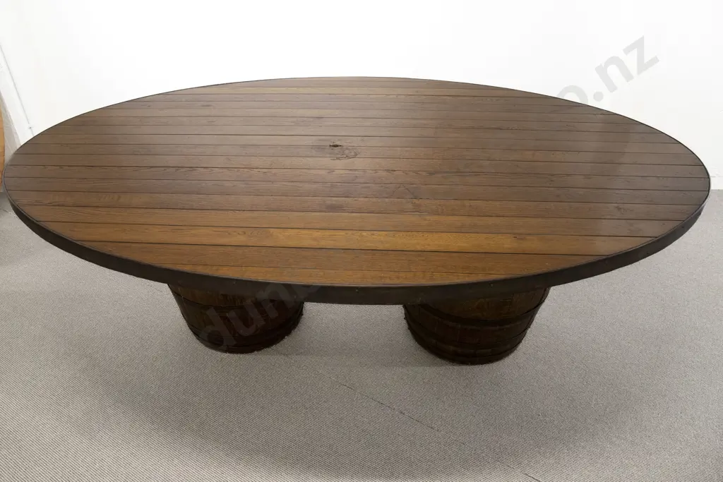 Large Oval Oak Barrel Based Banquet Table with Eight Barrel Chairs Image 1++
