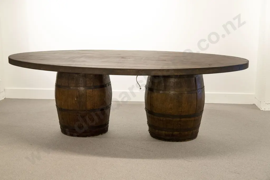 Large Oval Oak Barrel Based Banquet Table with Eight Barrel Chairs Image 1++