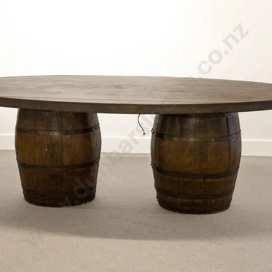 Large Oval Oak Barrel Based Banquet Table with Eight Barrel Chairs