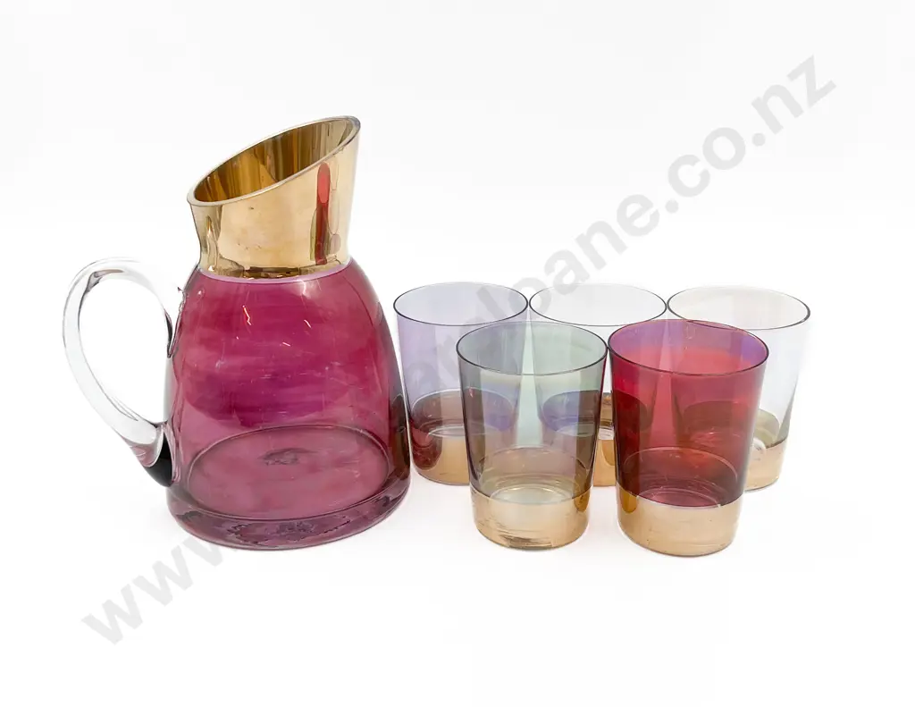 Cranberry Glass Carafe Together With Five Luster Glasses Image 1++