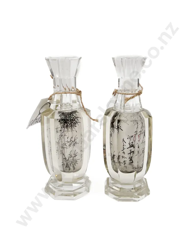 Pair of Reverse Painted Chinese Crystal Vases (Faults) Image 1++
