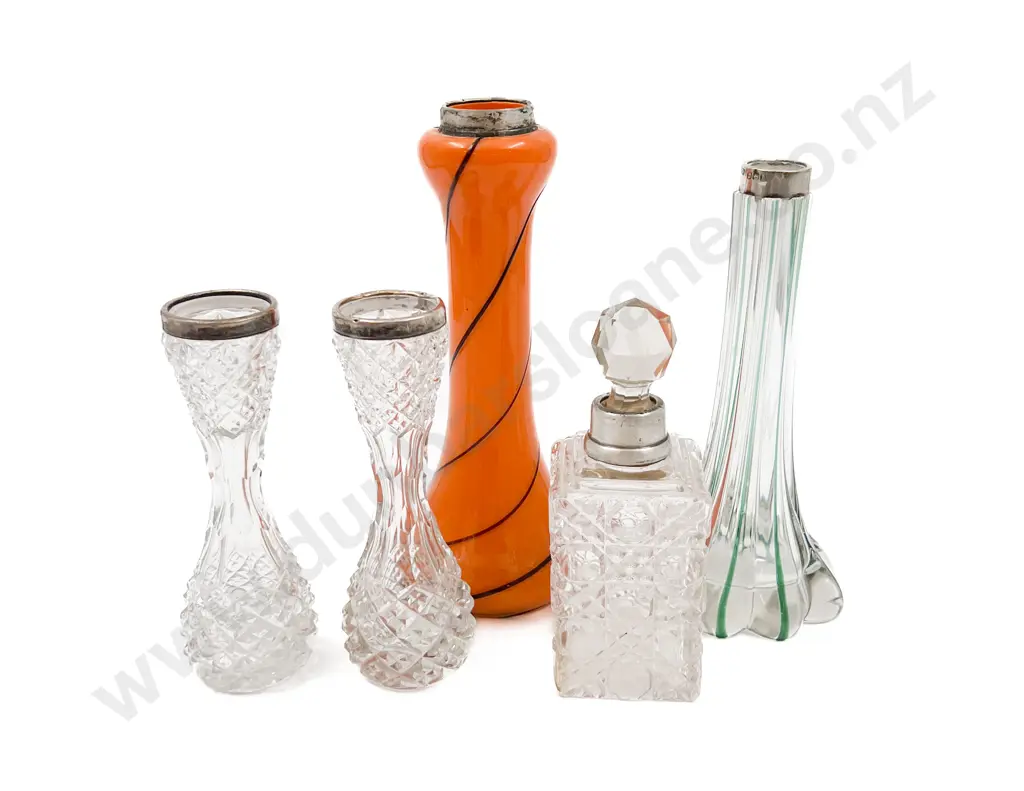 Quantity of Assorted S/S Rimmed Spill Vases Together With Small Decanter (Chip to Stopper) Image 1++