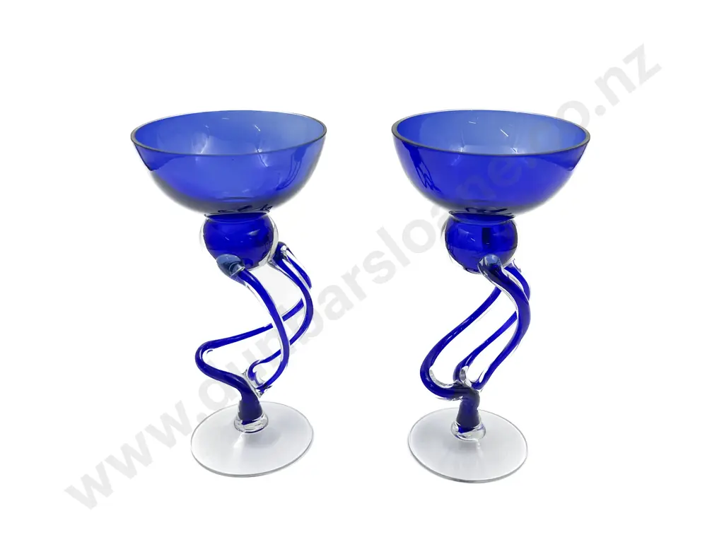 Pair of Blue Art Glass Wine Goblets Image 1++