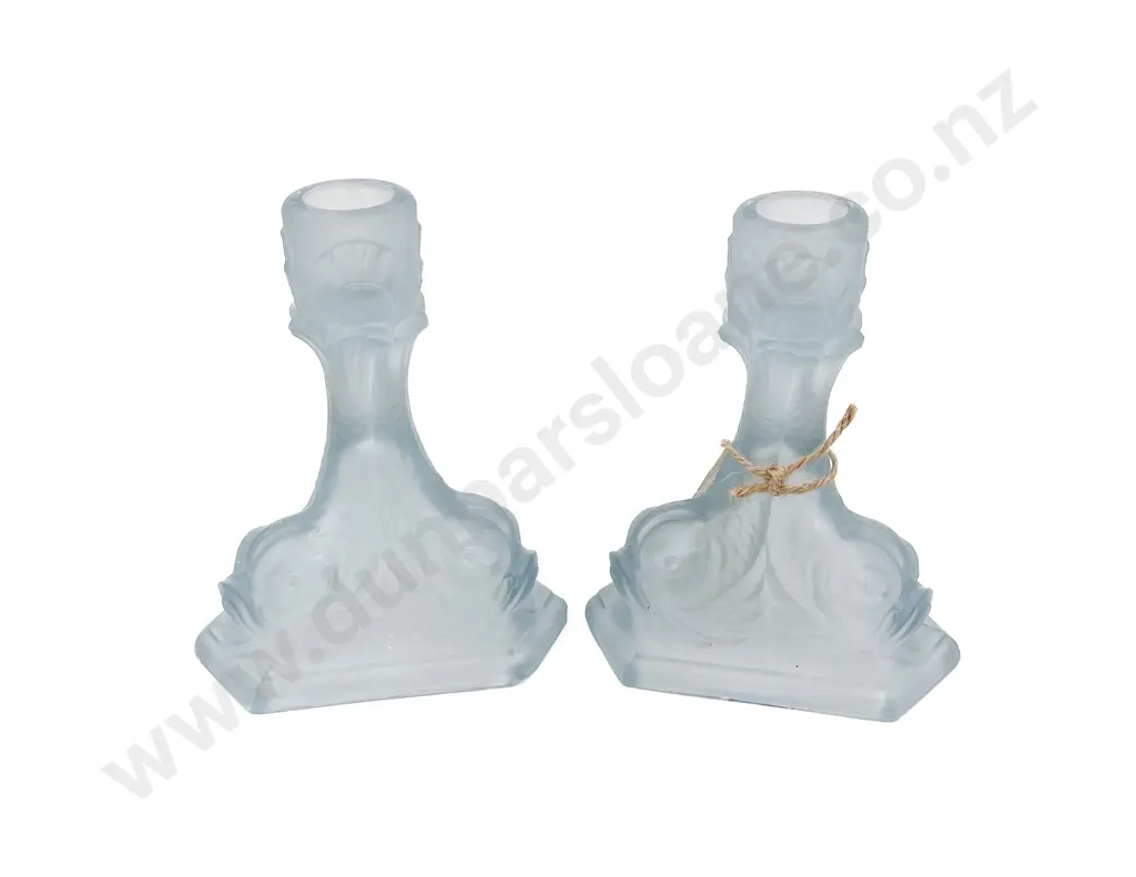 Pair of Frosted Blue Depression Glass Candlesticks Image 1++