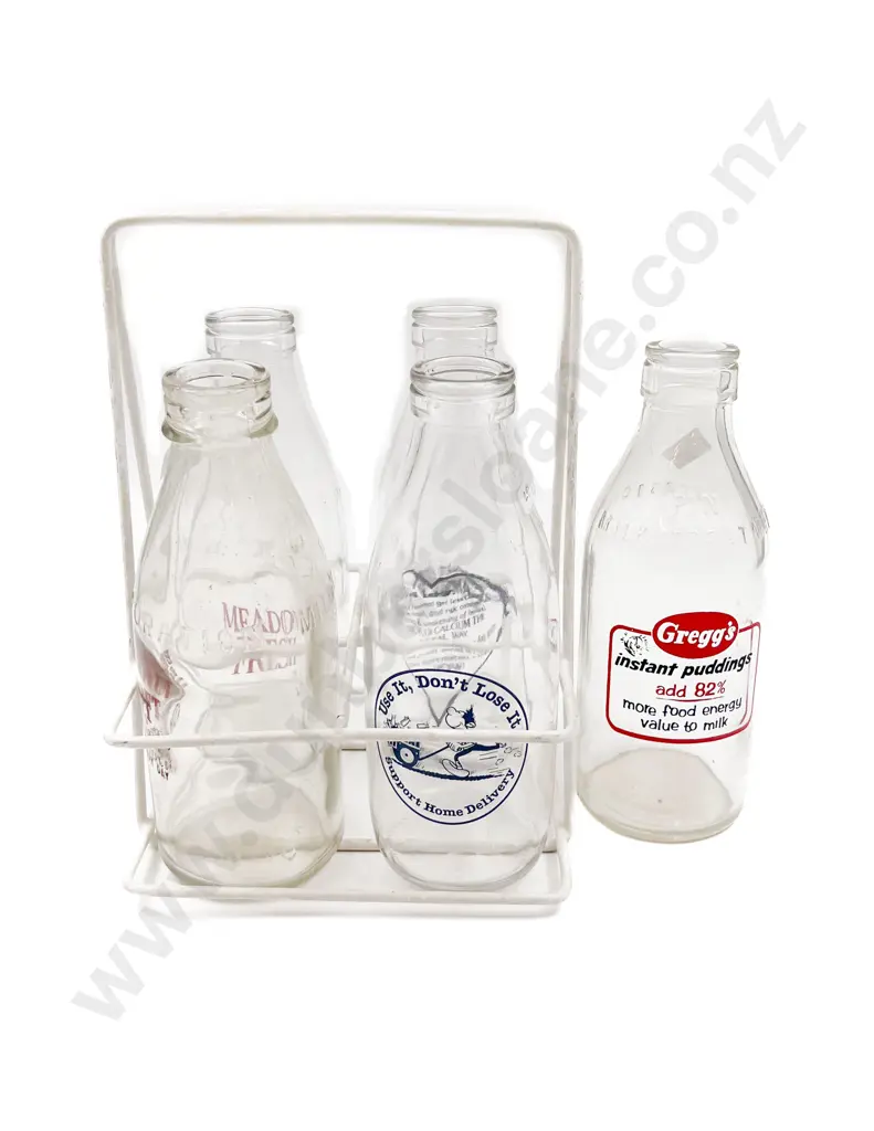 Five Assorted Vintage Glass Milk Bottles Together With Bottle Holder Image 1++